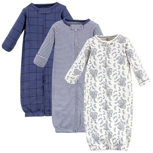 slide 1 of 1, Touched by Nature Baby Boy Organic Cotton Zipper Long-Sleeve Gowns 3pk, Elephant 0-6 Months - Elephant
