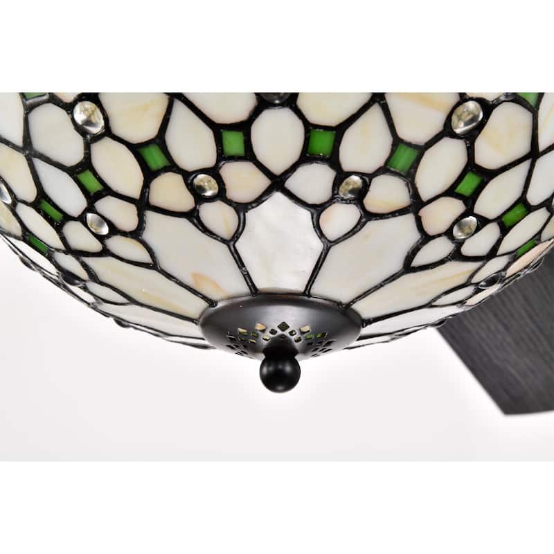 Guarvey 52-Inch Flushmount Two-Tiered Lighted Ceiling Fan Ivory Tiffany Glass Lamp Black Finish