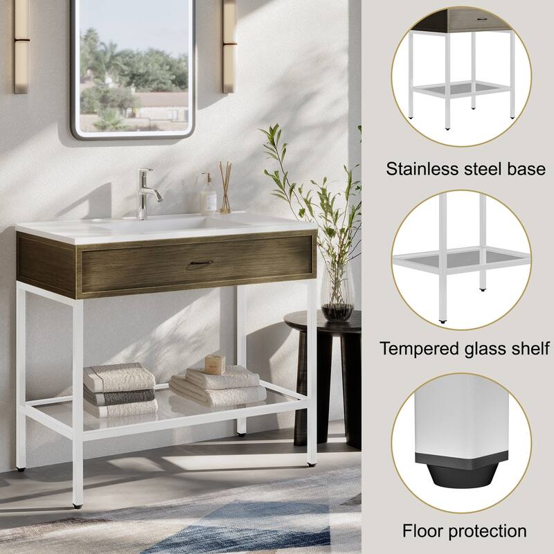 Ansel Freestanding Bathroom Vanity with Single Sink, One Glass Shelf, Metal Legs