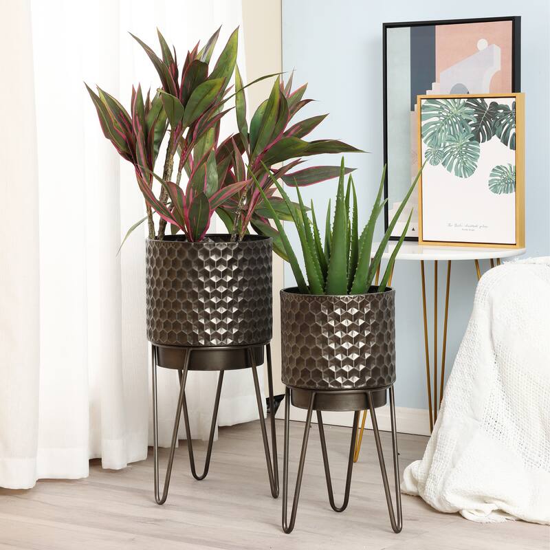 Brown Metal Honeycomb Cachepot Planters with Brown Metal Stands (Set of 2)
