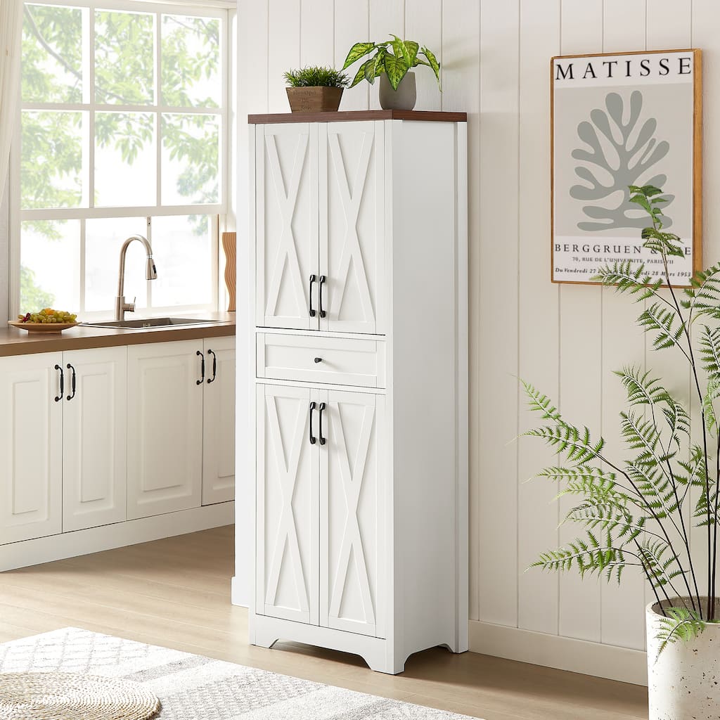Anmytek 68"Tall Farmhouse Storage Cabinet with Barn Doors and Adjustable Shelves White Pantry Storage Cabinet