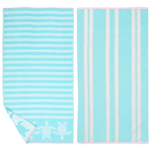 Luxurious Cotton Printed Beach Towel - Seafoam Turtle & Stripes