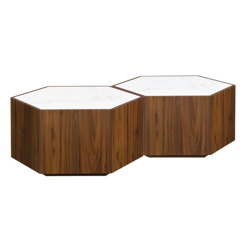 Hexagonal Rustic Retro Wood Coffee Table, with 2 Hidden Drawers, Textured White Marble Tops,Walunt Oak Finish - Perfect
