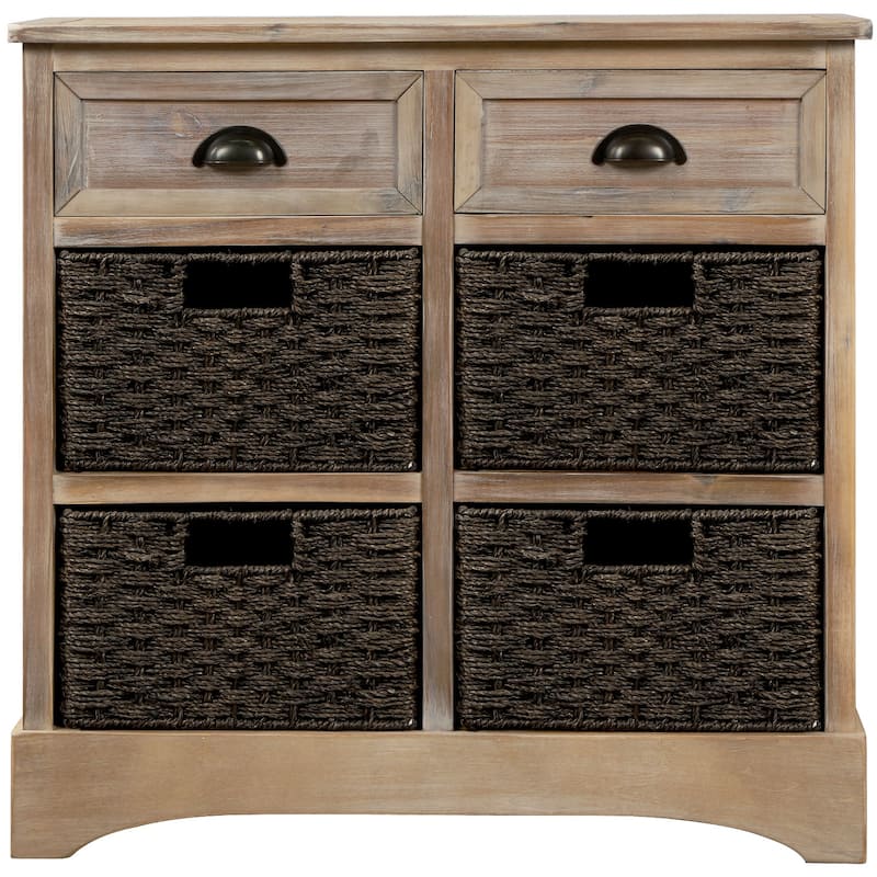 Rustic Storage Cabinet with 2 Drawers and 4 Classic Rattan Basket - 28"L×11.8"W×28"H