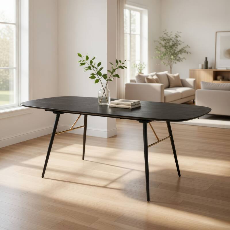 Belo Dining Table, Extendable 71-91 Inch Curved Top, Black Oak, Gold