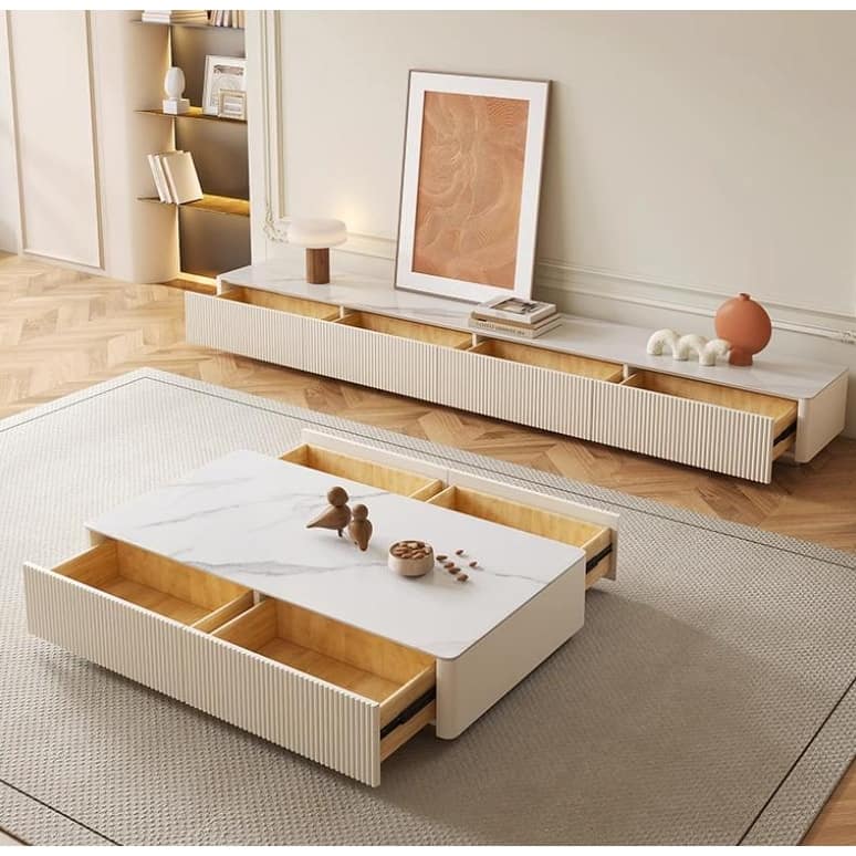 Modern TV Stands with Glossy Sintered Stone, 4-6Drawers, White & Gray