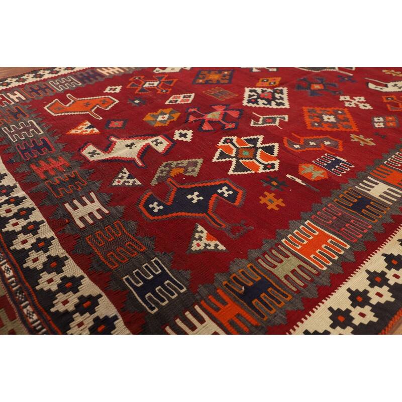 Kilim Qashqai Persian Vintage Area Rug Hand-Woven Red Wool Carpet - 4'8"x 6'7"
