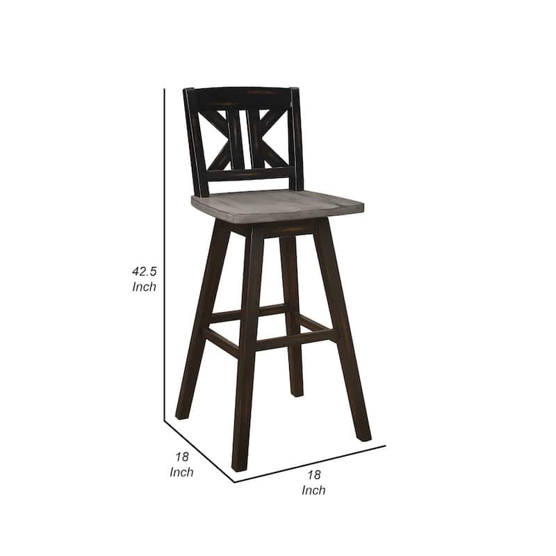 Ati 29 Inch Bar Height Stool Swivel Chairs Set of 2, X Back, Distressed Gray, Black