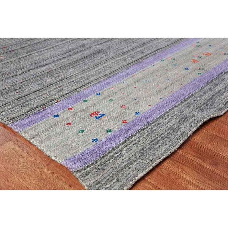 Hand Knotted Oriental 100% Wool Carpet Tribal Stripe Greys & Charcoal Gabbeh Area Rug - 12' 6'' X 9' 3''