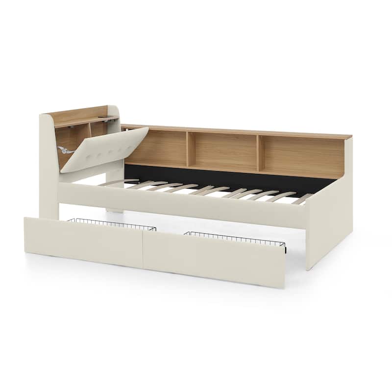 Twin Size Day Bed with Storage Headboard and Wireless Charging, Multi-functional Daybed with Two Storage Drawers & LED Lights