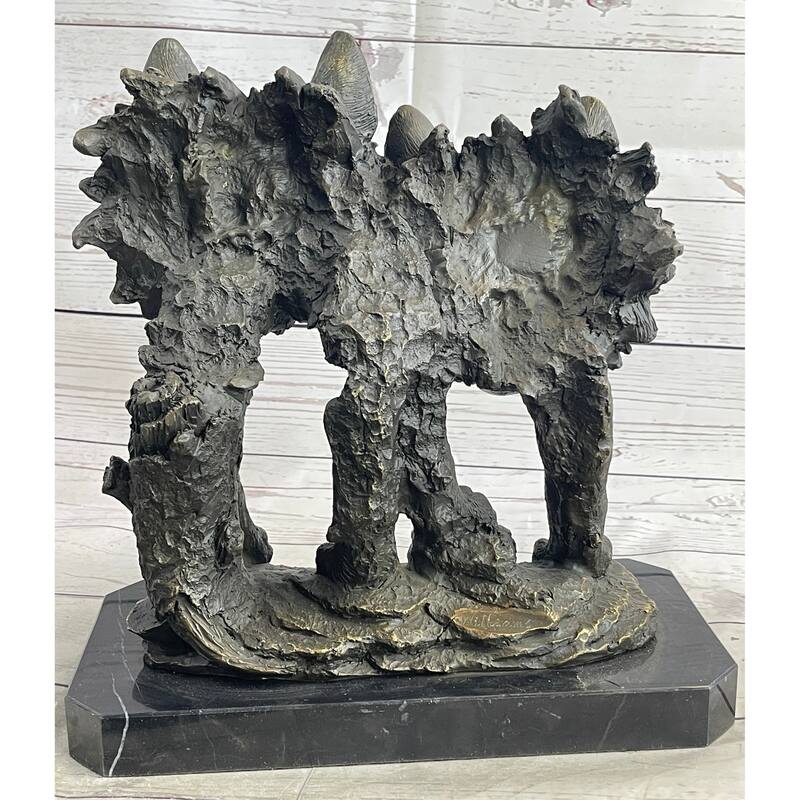 Dual Imitative Wolf Bust Sculpture Statue Two Wolves Bronze Metal Decor Signed Original