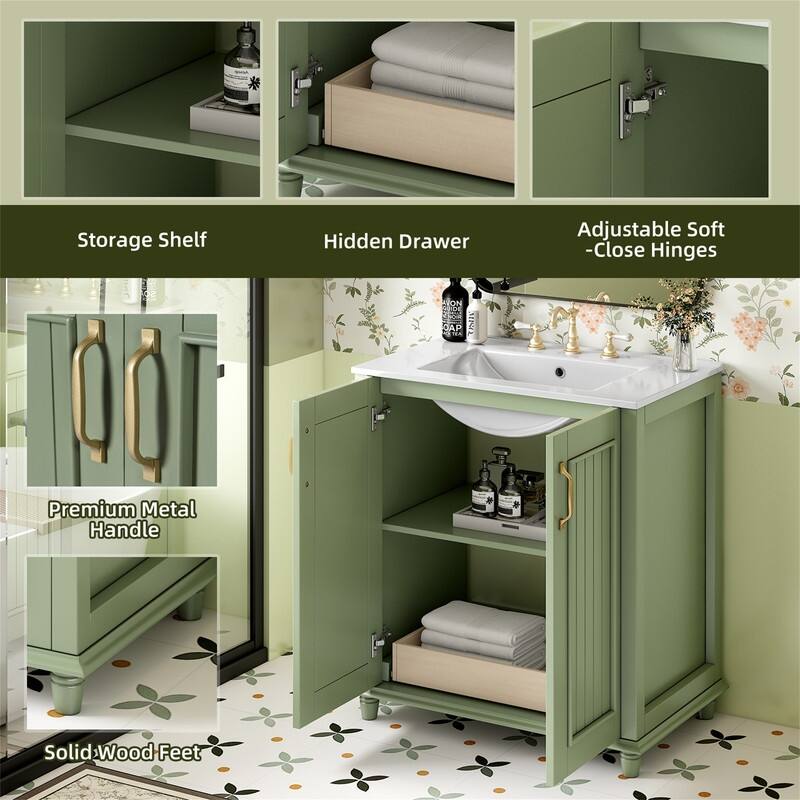 30'' Bathroom Vanity with Resin Sink Top, Freestanding Bathroom Vanity Cabinet with 1 Hidden Drawer, 2 Soft Close Doors & Shelf