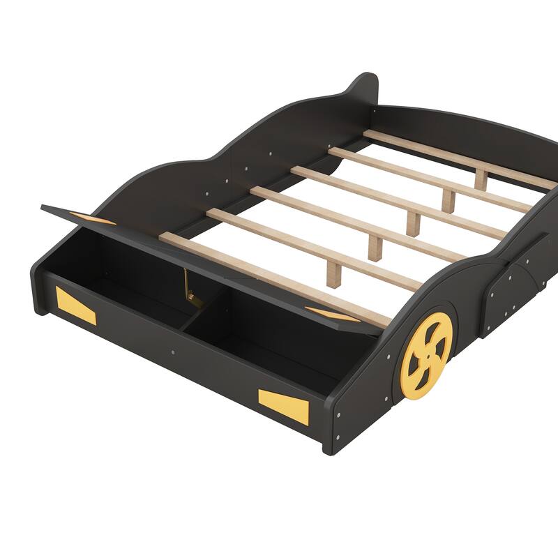 Twin/Full Race Car Platform Bed with Wheels & Storage Compartment, Solid Pine Wood Frame