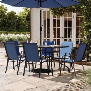 7-Piece Rippled Glass Outdoor Patio Table and Stacking Chairs Set