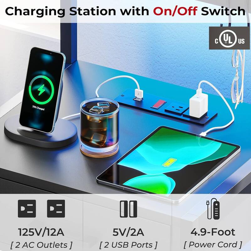 Nightstand Charging Station LED Lights End Table 3 Drawers