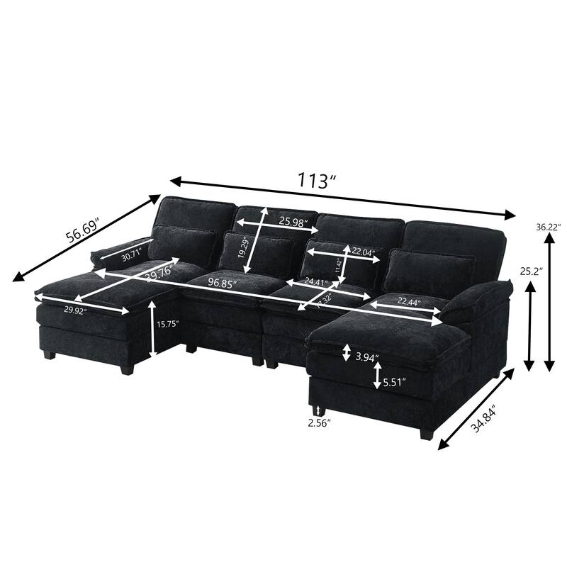 113 Inches Oversized Double Layer Cloud Design U Shaped Sofa with Double Chaise