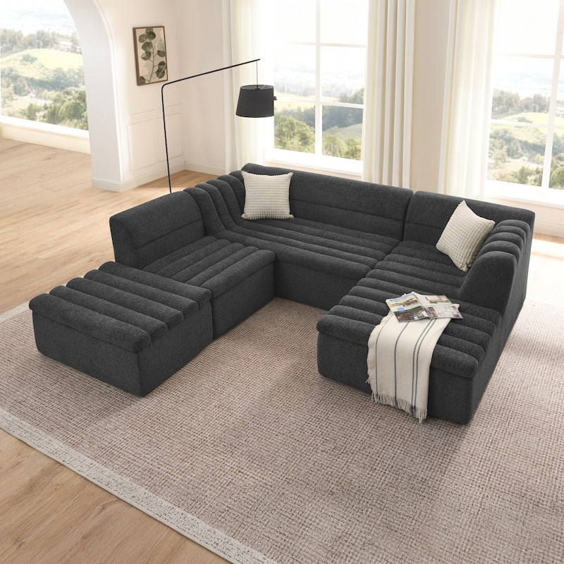 Modular Deep Seat Couches Chenille U-shaped Sleeper Sectional Sofa with Chaise, Ottoman and Wave-Shaped Armrest