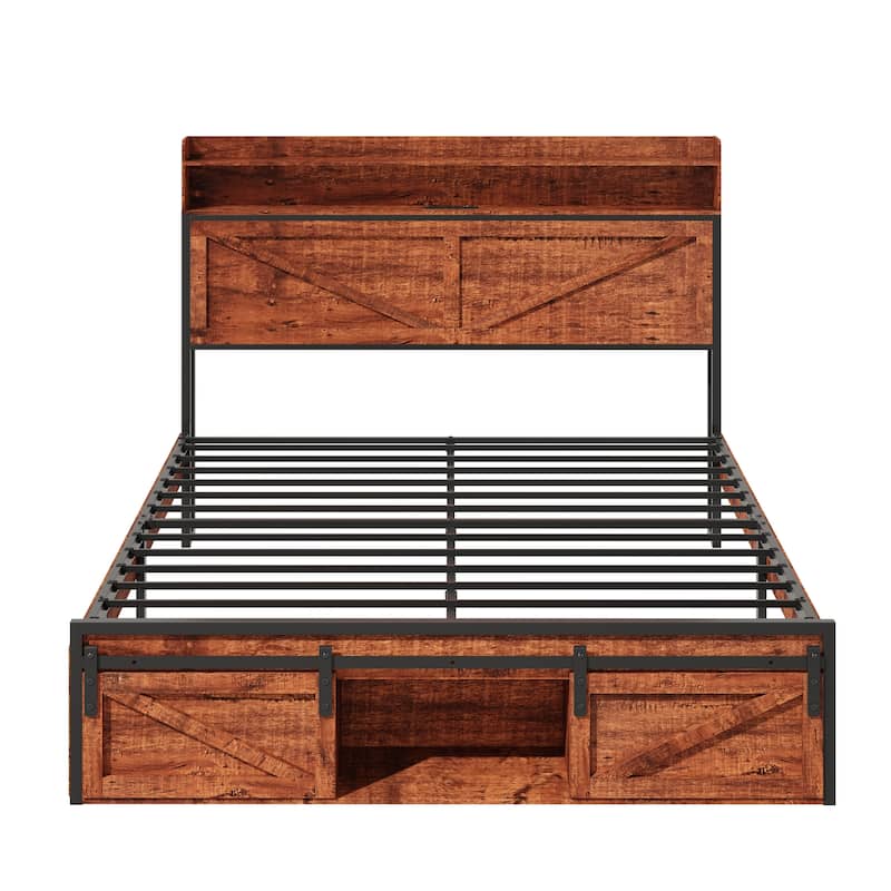 Brown Platform Bed Metal Bed Frame with Storage Headboard and Footboard Storage Compartments Socket LED Noise-free Platform Bed