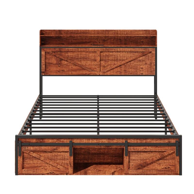 Noise-free Metal Bed Frame with Charging Station, Brown Platform Bed Frame with LED Headboard Storage Footboard