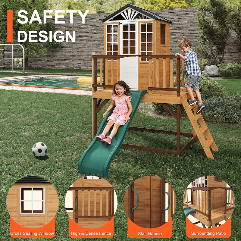 9-in-1 Wooden Playhouse with Slide & Sandbox