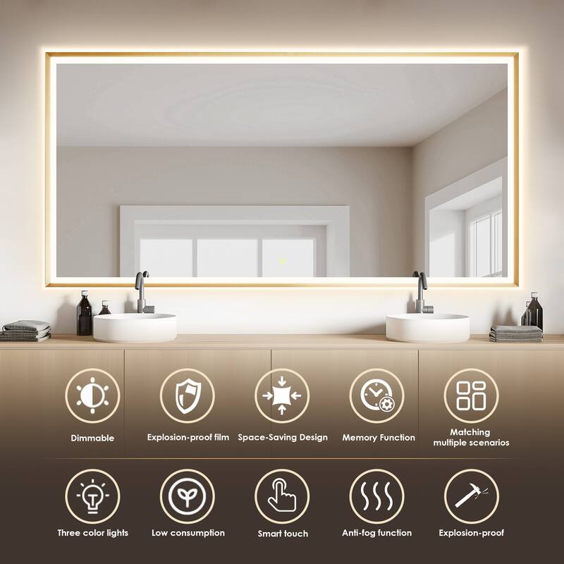 Apollo Rectangular Anti-Fog Dimmable Modern Bathroom/Vanity LED Lighted Wall Mirror in Brushed Gold Aluminum Framed