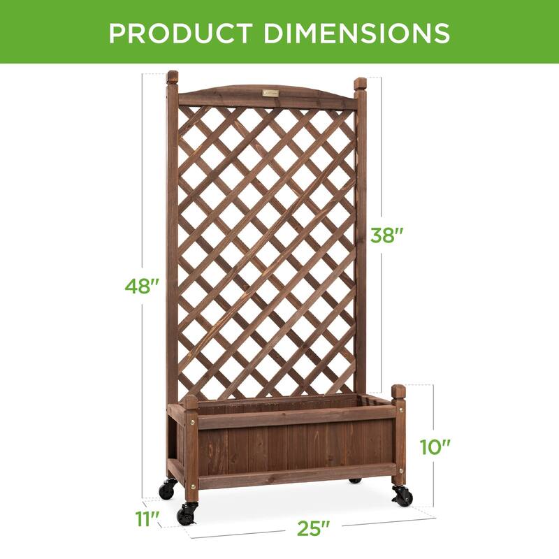 Set of 2 48in Wood Planter Box & Diamond Lattice Trellis, Mobile Outdoor Raised Garden Bed for Climbing Plants w/Drainage Holes