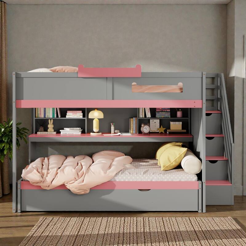 Full Over Full Bunk Bed with Twin Trundle, Staircase Storage Drawers, Shelves and LED Lighting, Kids Bunk Bed - Grey - Full