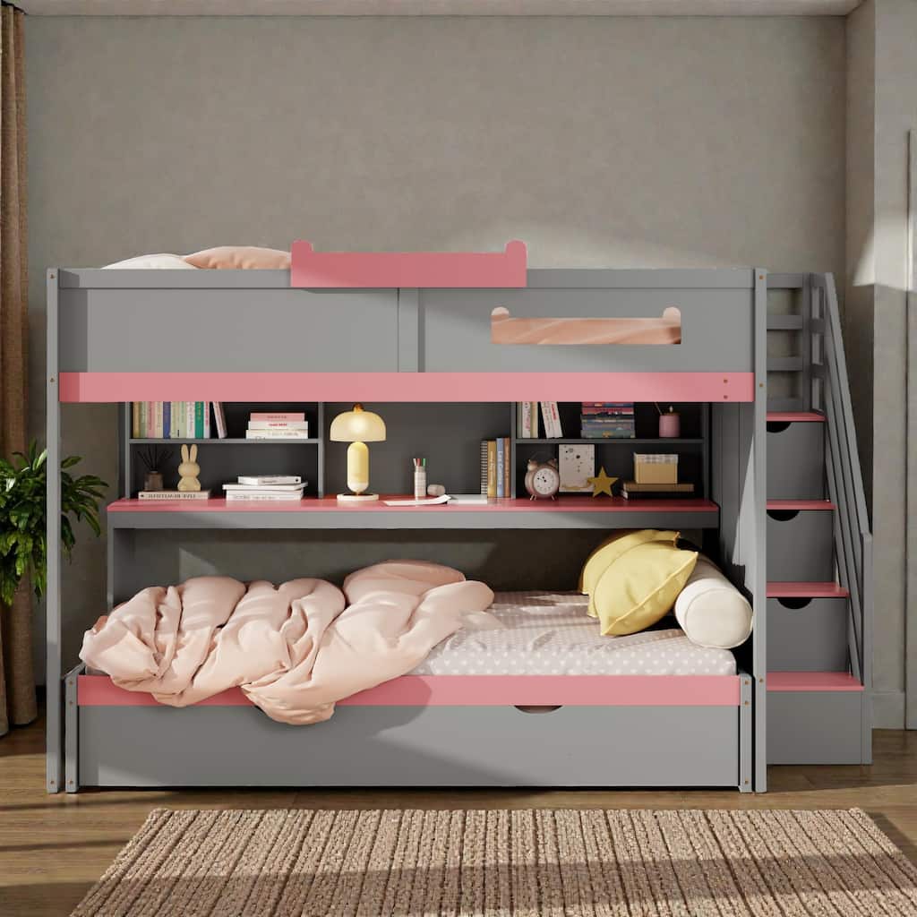 Full Over Full Bunk Bed with Twin Trundle, Staircase Storage Drawers, Shelves and LED Lighting, Kids Bunk Bed