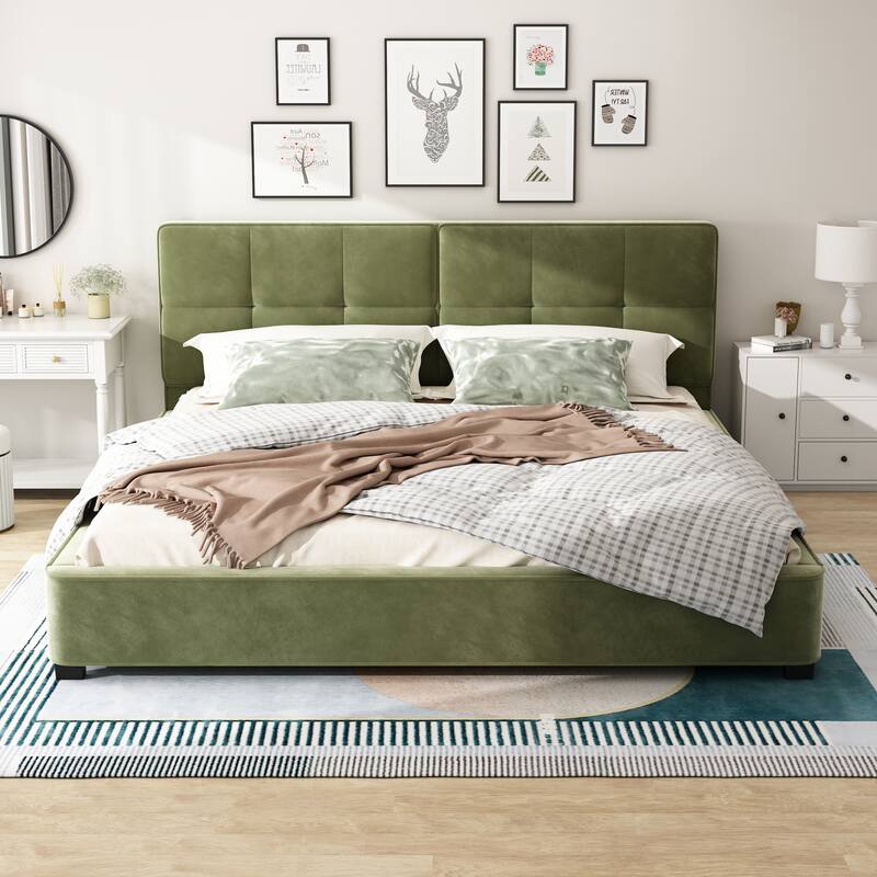 Oliver Green Velvet Upholstered Bed Frame, King Size Grounded Bed with Curved Tufted Headboard, Soft Square Corners Wingback Bed - Green - King