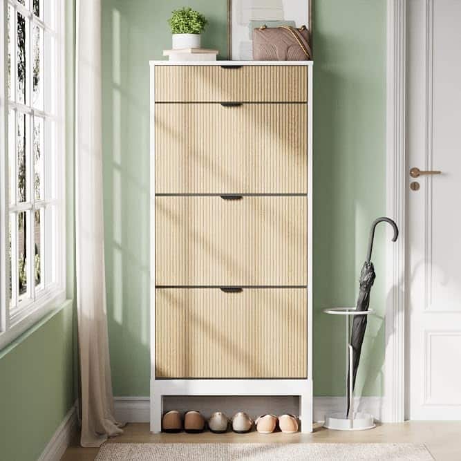 Shoe Storage Cabinet with 3 Flip Drawers, Fluted Shoe Organizer with Metal Legs