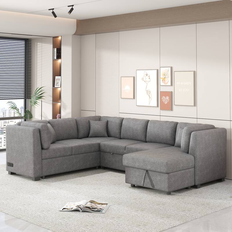 108.6" U-shaped Sectional Sofa Pull out Sofa Bed with Two USB Ports, Two Power Sockets, Three Back Pillows and a Storage Chaise