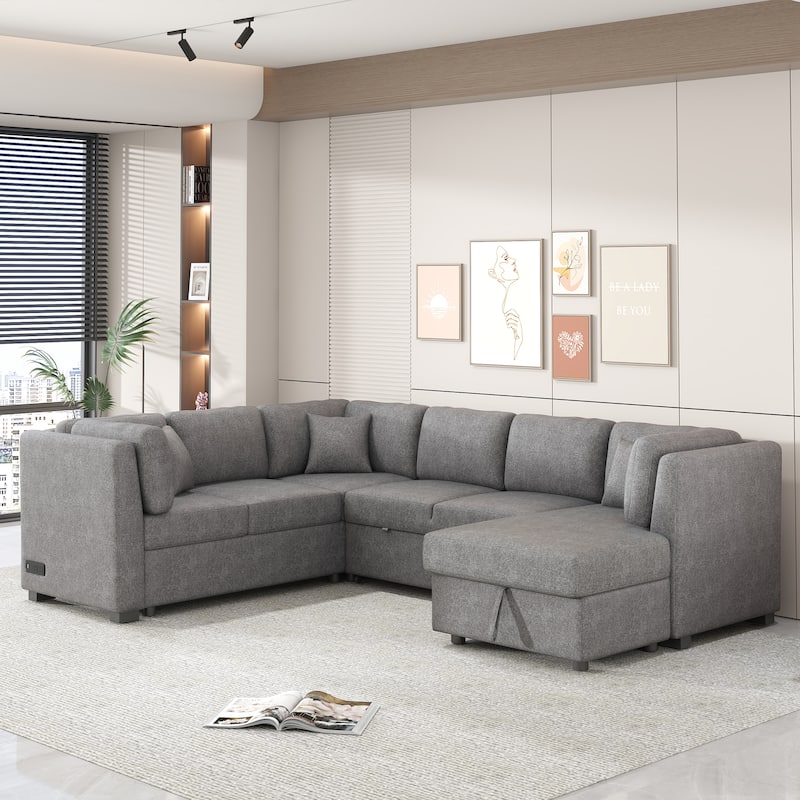 Roomfitters U-Shaped Sectional Sofa Pull-Out Bed with USB Ports, Power Sockets, Three Back Pillows, and Storage Chaise