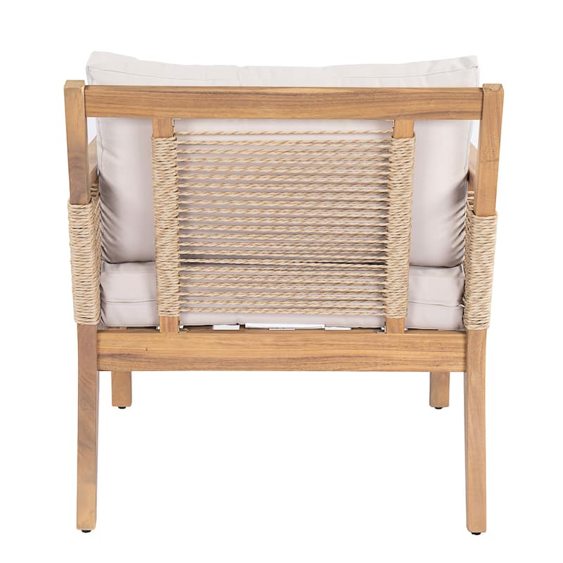 Roomfitters Set of 2 Patio Club Chairs, Outdoor Wood Lounge Chair with Upholstered Cushions, Rope Weave, Teak+ Beige