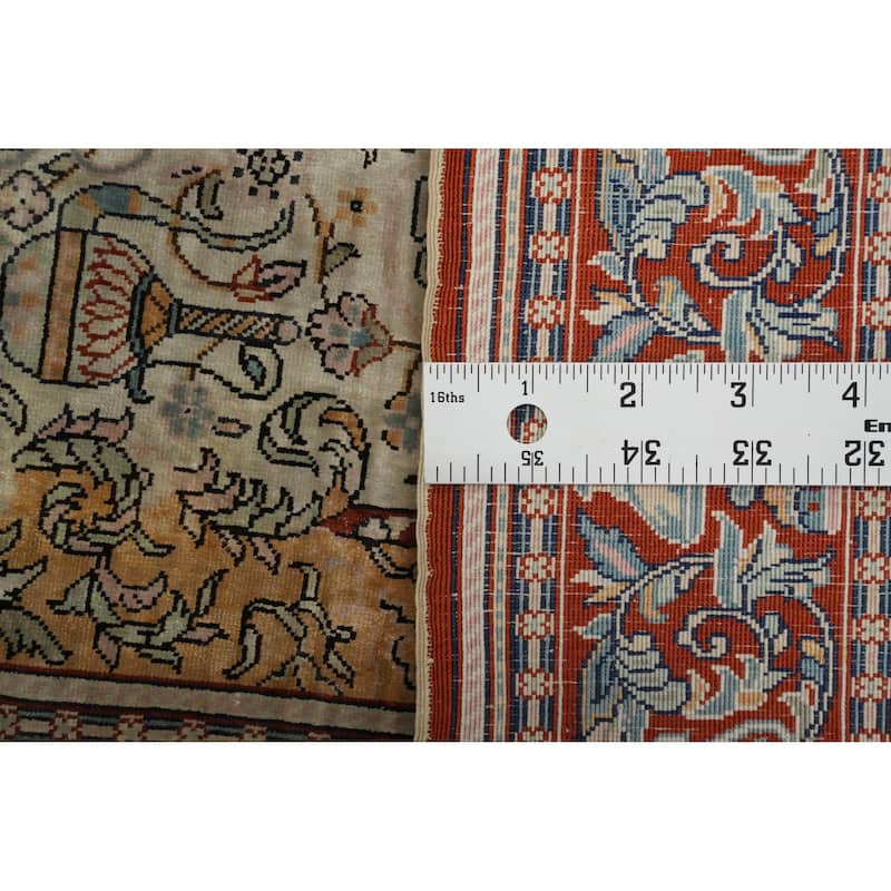 Hand Knotted Traditional Silk Beige Geometric Area Rug - 3' 1'' X 2' 0''