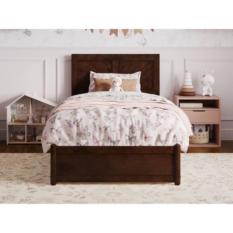 Twin Bed with Trundle, Panel Footboard, Hardwood Frame - Walnut Finish