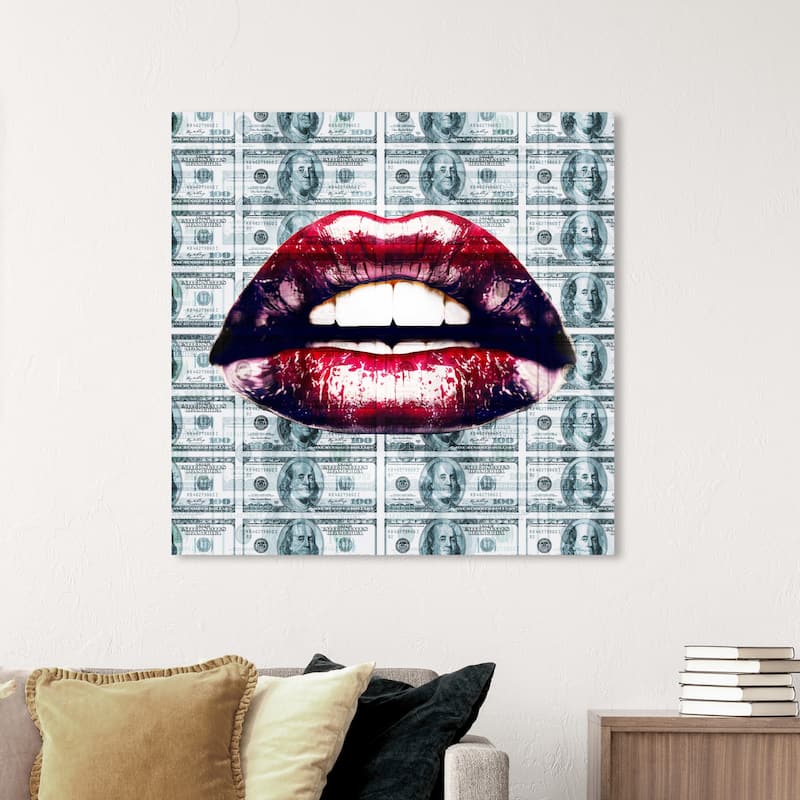 Wynwood Studio Fashion and Glam Put Your Money Where Your Mouth Is Red and Dark Red Modern & Contemporary Wall Art Canvas Print - 40 x 40