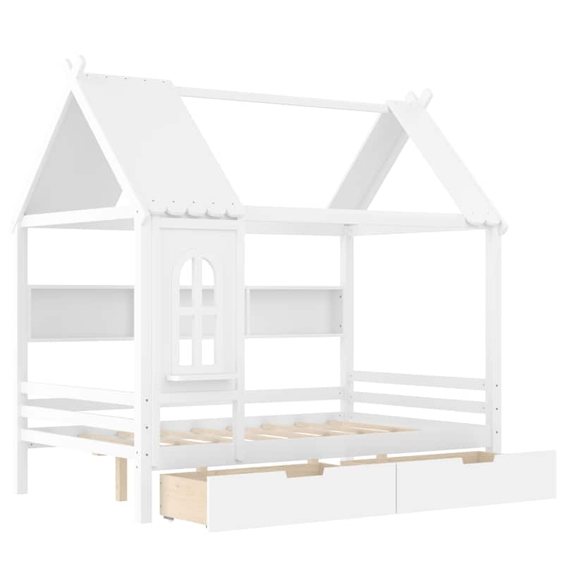 Charming House Bed for Girls, Boys Low Platform Bed Frame with Under-bed Drawers, Storage Shelves, Window and Roof