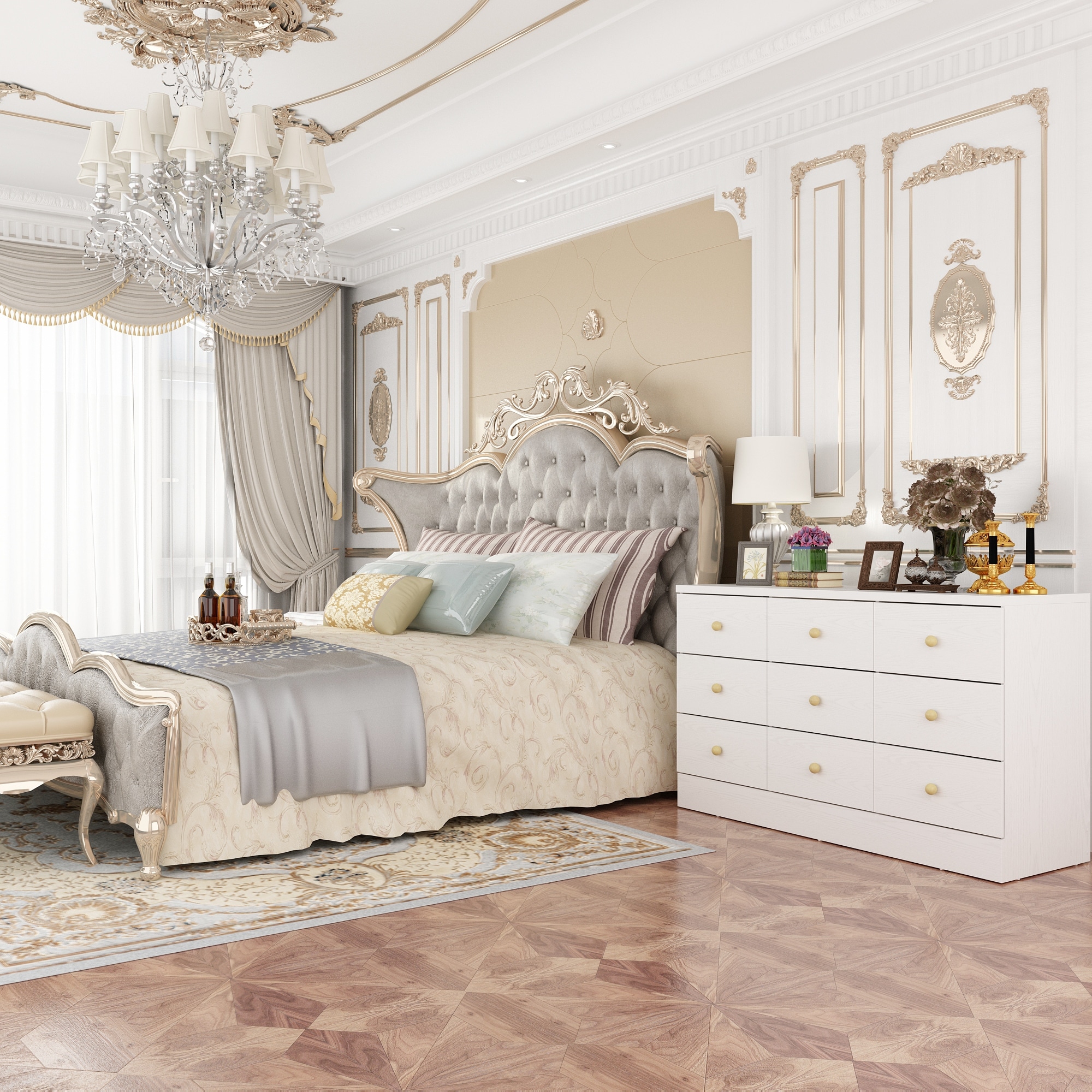 white dresser with gold accents Rattan, Wood & Metal 3-Drawer Dressers (Set of 2) this dresser makes a lovely addition to your bedrooms focal wall and grounds a vanity dressing area Dyl Wide Dresser | 6