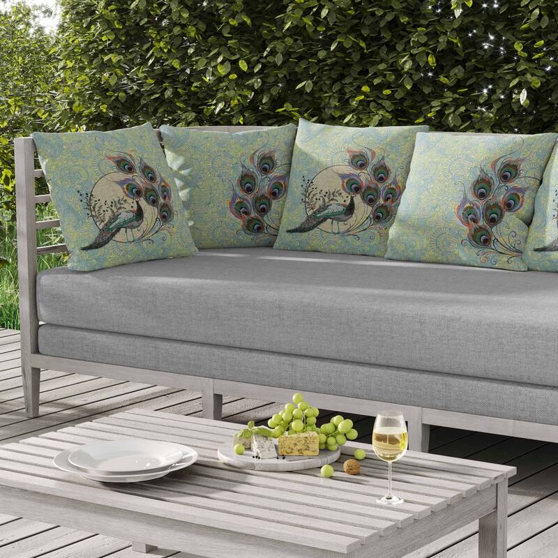 Paisley Peacock Dreams Indoor/Outdoor Reversible Throw Pillow Skyblue and Yellow