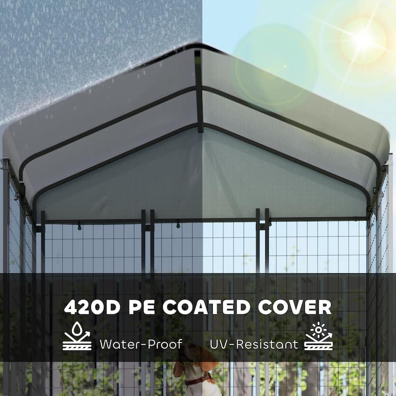 Silver-Black Steel Dog Kennel with PE Cover and Adjustable Bowl Rack - 70.8" W x 48” D x 72" H