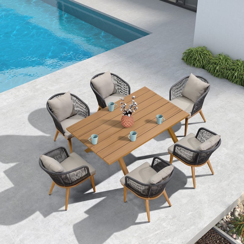PURPLE LEAF Outdoor Dining Set for Garden Deck Wicker Table and Chairs Set-11 Piece - Teak (7 Pcs Rectangular Teak Table)