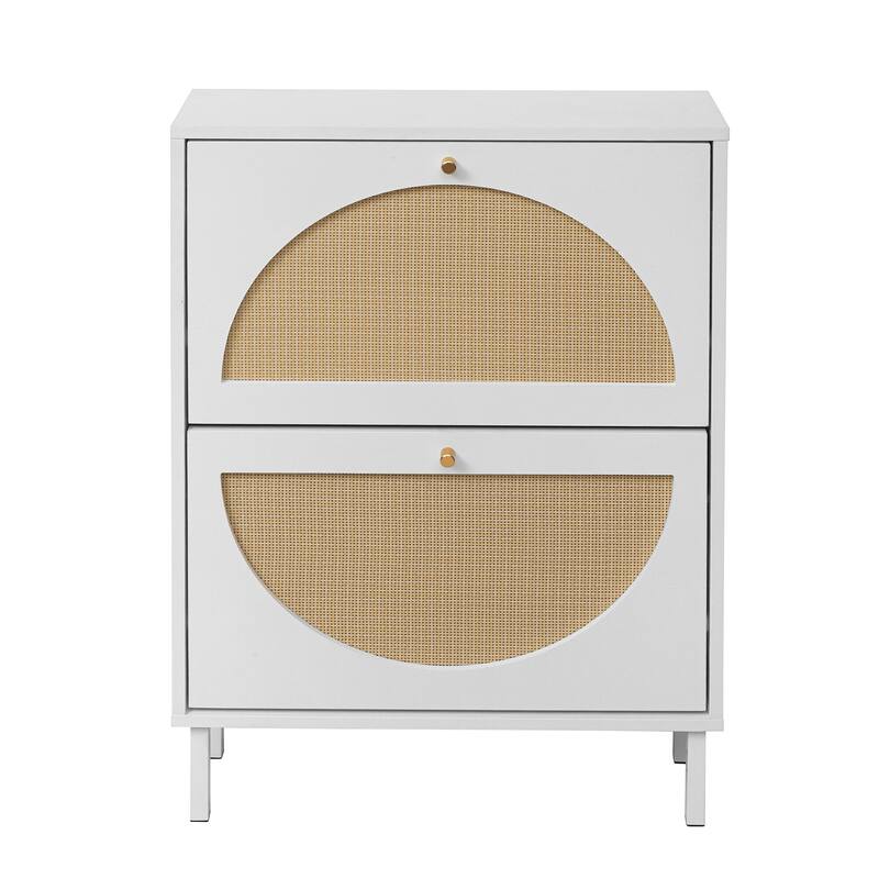 Rattan Shoe Cabinet with 2 Flip Drawer, Freestanding Entryway Organizer, Shoe Rack with Metal Legs for Living Room, Hallway
