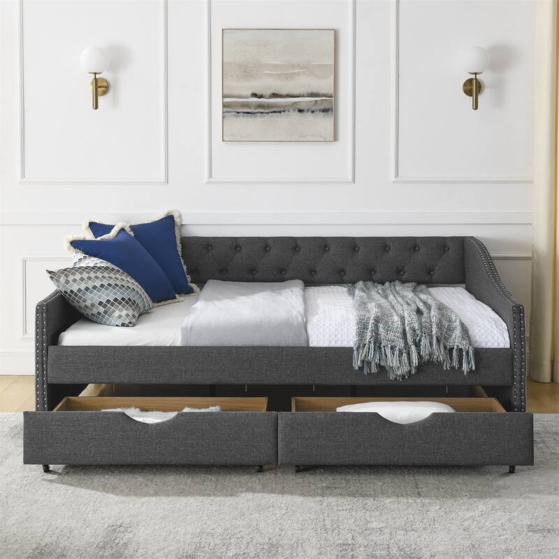 Full Size Upholstered Tufted Daybed with Drawers and Copper Nail