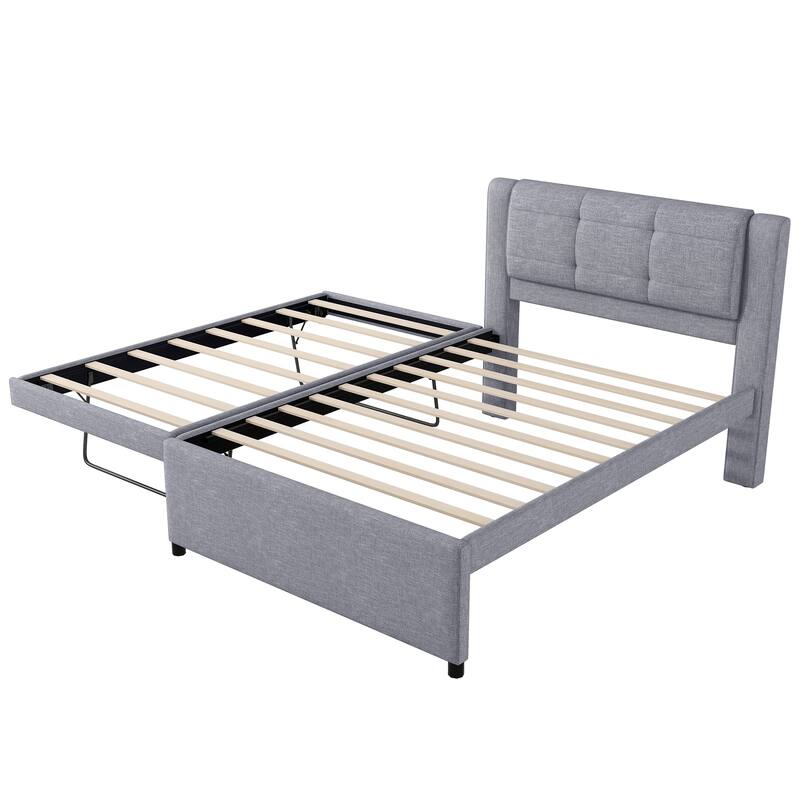 Full Size Upholstered Platform Bed with Adjustable Trundle, Gray