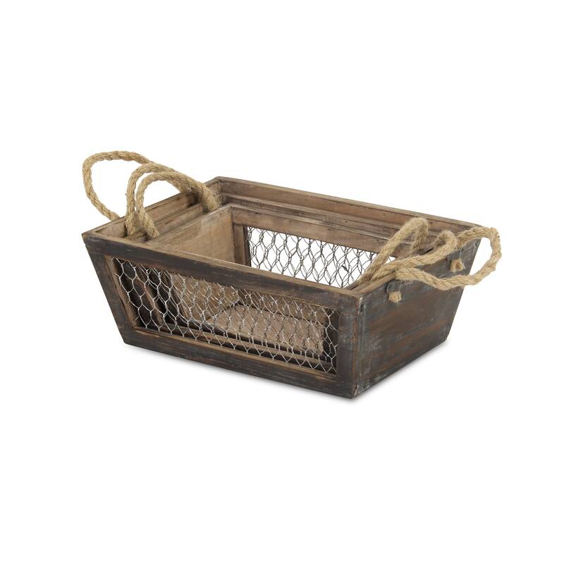Brown Wooden Tapered Crates with Wire Panels (Set of 3)