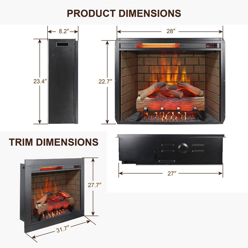 28" Infrared Electric Fireplace with Removable Trim Kit, Touch Panel & Crackling Sound