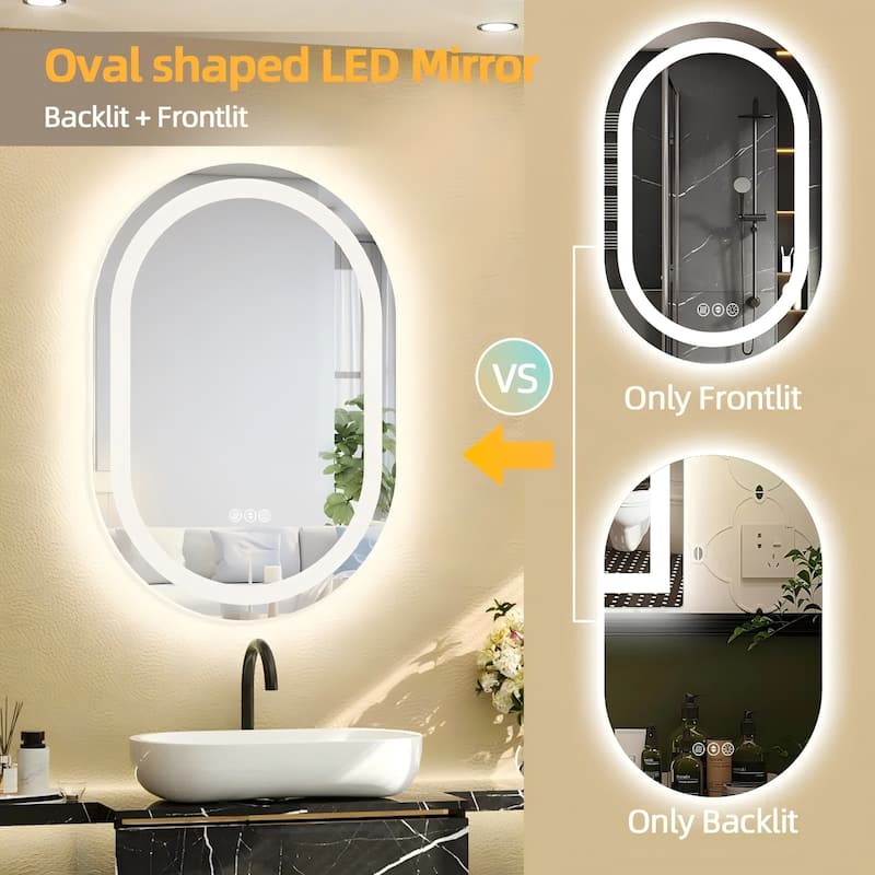 Oval Front & Back LED Lighted Anti-fog Tempered Glass Wall Bathroom Vanity Mirror, ETL Certified, 3-Year Warranty