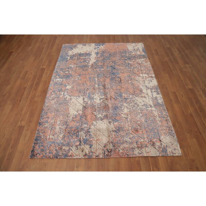 Hand Knotted Oriental Viscose Silk Carpet Modern Abstract Oranges & Rust Abstract Area Rug - 6' 7'' X 4' 8''