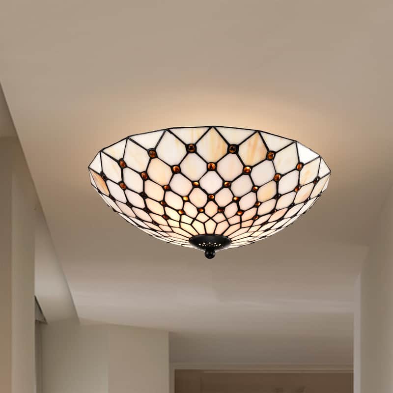 Celand Ivory with Amber Beads Flushmount Ceiling Lamp Tiffany Style Glass Shade - Ivory-Amber