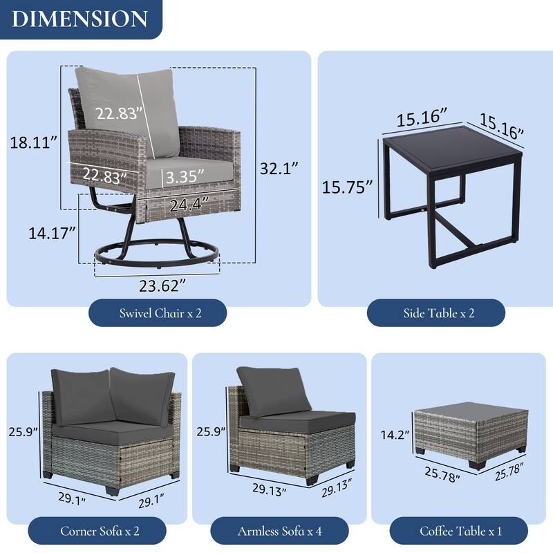 10-Piece Gray Wicker Patio Conversation Set,6 Sofas, 2 Swivel Chairs,2 Table